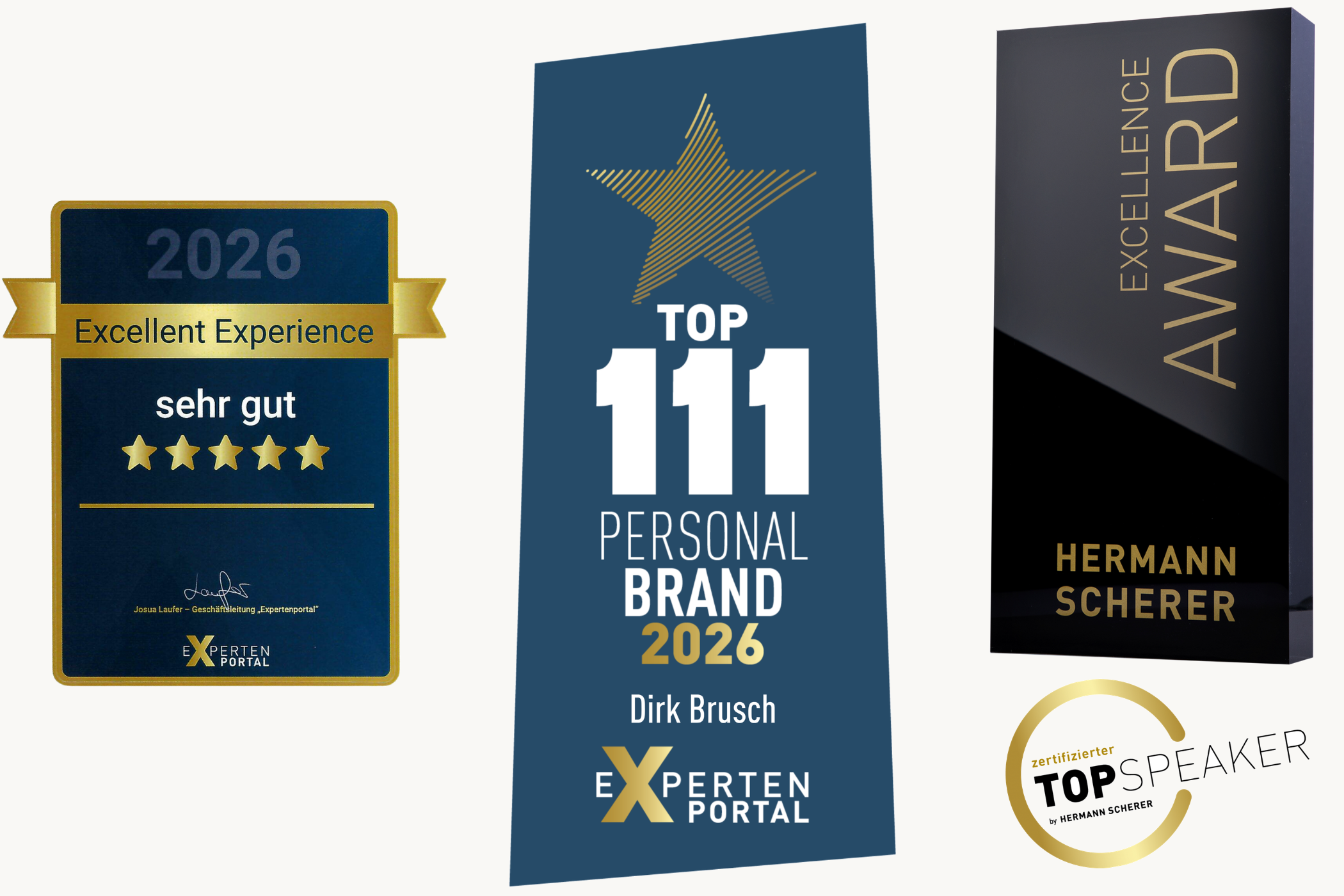 Auszeichnungen: Excellent Experience – sehr gut (Expertenportal 2026), Top 111 Personal Brand 2026, Excellence Award (Hermann Scherer), Zertifizierter Top Speaker