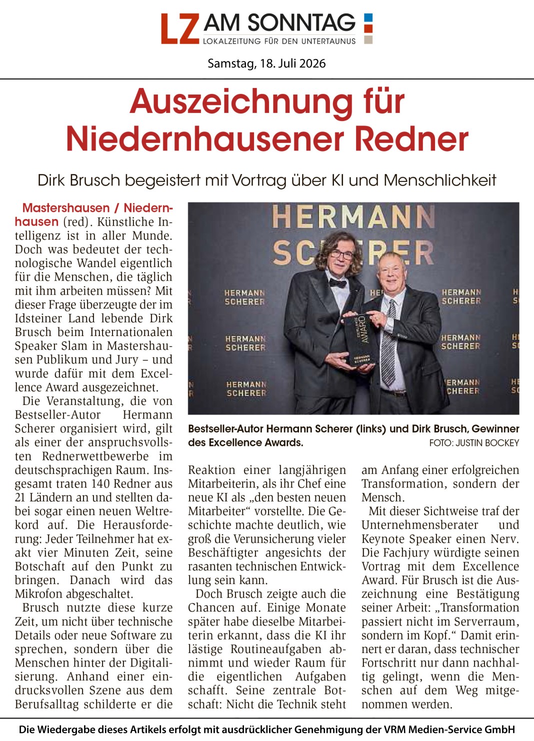 Zeitungsartikel „Auszeichnung für Niedernhausener Redner“ aus der LZ am Sonntag vom 18. Juli 2026